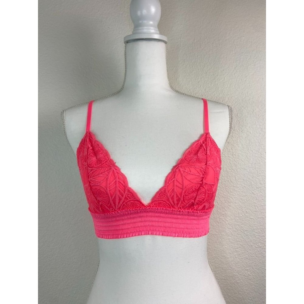 Aerie women's small hot pink triangle lace embroidered bralette wireless unlined